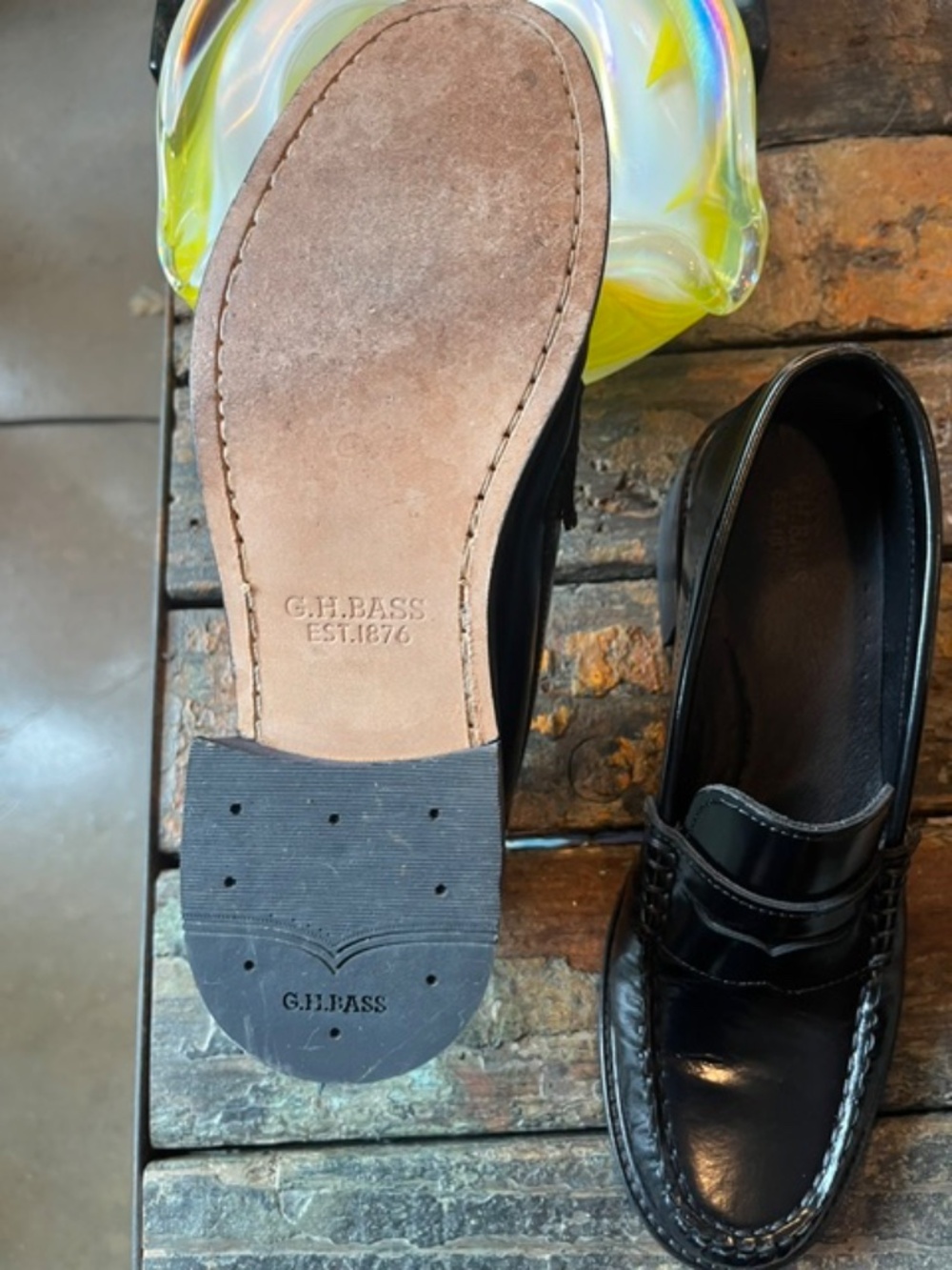 G.H. Bass Black Leather Penny Loafer, with a 1.5 block heel, 8M. - Picture 12 of 12